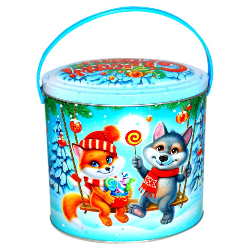 Сладкий новогодний подарок в жестяной упаковке весом 800 грамм